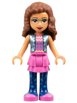 LEGO part Friends Olivia (Nougat) - Dark Pink Skirt and Dark Blue Leggings, Dark Pink Top with Blue Jacket (frnd0370)
