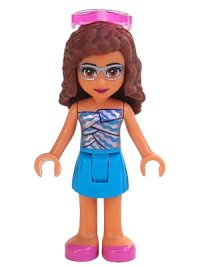 LEGO part Friends Olivia (Nougat) - Dark Azure Skirt, Dark Azure and Bright Pink Top, Dark Pink Shoes, Sunglasses frnd0380