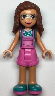 LEGO part Friends Olivia (Nougat) - Dark Pink Overalls, Dark Turquoise Top (frnd0496)
