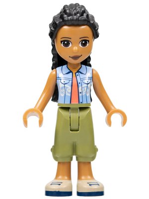 LEGO part Friends Dr. Makena - Olive Green Trousers, Tan Shoes, Bright Light Blue Vest over Coral Shirt (frnd0528)