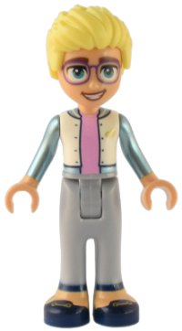 LEGO part Friends Olly - White Jacket with Metallic Light Blue Sleeves, Light Bluish Gray Trousers, Dark Blue Shoes frnd0569