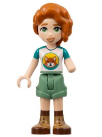LEGO part Friends Autumn - Dark Turquoise and White Top with Fox, Sand Green Shorts, Nougat and Reddish Brown Boots frnd0584