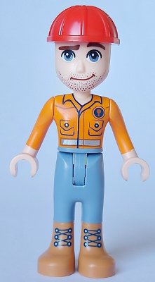 LEGO part Friends Darrel - Orange Safety Shirt, Sand Blue Legs, Medium Nougat Boots, Red Construction Helmet (frnd0657)
