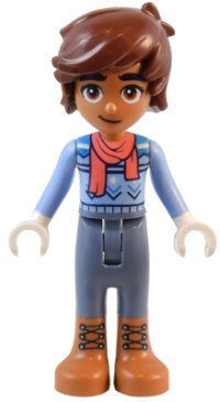 LEGO part Friends Leo - Bright Light Blue Sweater, Coral Scarf, Sand Blue Trousers, Medium Nougat Boots frnd0668