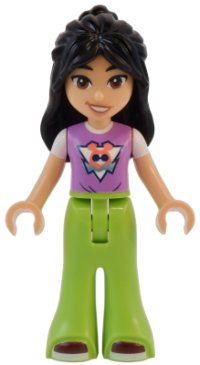 LEGO part Friends Liann - Medium Lavender Top,  Lime Trousers Bell-Bottoms, Dark Red Shoes, Lopsided Smile frnd0728