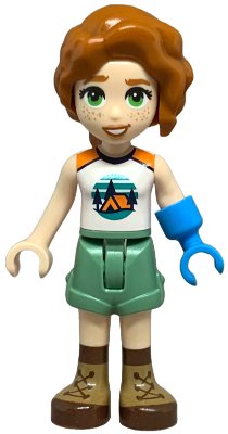 LEGO part Friends Autumn - White and Orange Sleeveless Top with Tent, Sand Green Shorts, Nougat and Reddish Brown Boots, Prosthetic Hand (frnd0737)