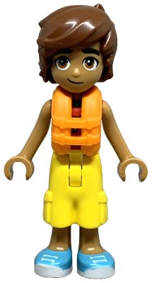 LEGO part Friends Leo - Red and White Sleeveless Wetsuit, Yellow Cropped Trousers, Medium Azure Shoes, Orange Life Jacket (frnd0744)