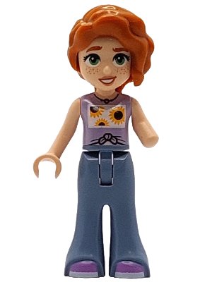 LEGO part Friends Autumn - Lavender Vest with Sunflowers, Sand Blue Trousers Bell-Bottoms, Medium Lavender Shoes (frnd0771)