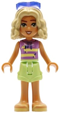 LEGO onderdeel Friends Nova - Medium Lavender Sleeveless Hoodie with Dachshund, Yellowish Green Shorts, Bright Light Yellow Sandals, Glasses frnd0772