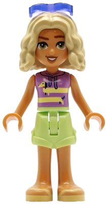 LEGO part Friends Nova - Medium Lavender Sleeveless Hoodie with Dachshund, Yellowish Green Shorts, Bright Light Yellow Sandals, Glasses (frnd0772)