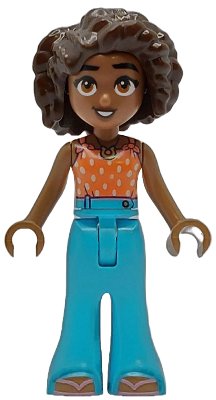 LEGO part Friends Aliya - Coral Halter Top, Medium Azure Trousers Bell-Bottoms, Metallic Pink Flip Flops (frnd0773)