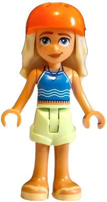 LEGO part Friends Sage - Blue Tank Top, Yellowish Green Shorts, Bright Light Yellow Sandals, Reddish Orange Bicycle Helmet (frnd0783)