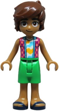 LEGO part Friends Leo - Coral and Magenta Checkered Sleeveless Shirt, Bright Green Shorts, Dark Blue Sandals frnd0836