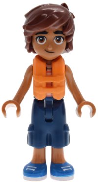 LEGO part Friends Leo - Bright Light Orange Sleeveless Shirt, Orange Life Jacket, Dark Blue Cropped Trousers, Blue Shoes frnd0883