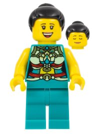 LEGO part Lunar New Year Parade Participant - Musician, Female, Ornate Dark Turquoise Costume, Black Bun, Large Smile hol313