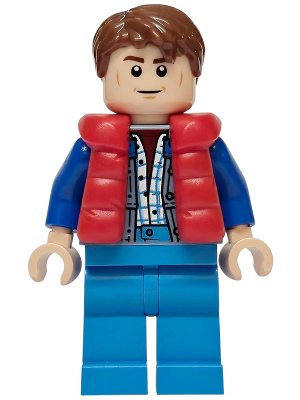 LEGO part Marty McFly - Red Puffer Vest over Sand Blue Jacket, Blue Arms (sc138)