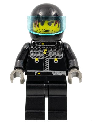 LEGO part Male Actor 3, Driver, Black Helmet, Trans-Light Blue Visor (stu008)