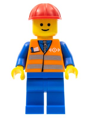 LEGO part Orange Vest with Safety Stripes - Blue Legs, Red Construction Helmet (trn121)