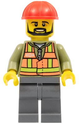 LEGO part Light Orange Safety Vest, Dark Bluish Gray Legs, Red Construction Helmet, Black Beard (trn235a)