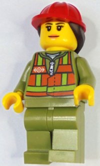 LEGO part Train Worker - Female, Orange Safety Vest with Lime Straps, Olive Green Legs, Red Construction Helmet with Dark Brown Ponytail Hair trn246