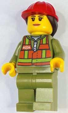 LEGO part Train Worker - Female, Orange Safety Vest with Lime Straps, Olive Green Legs, Red Construction Helmet with Dark Brown Ponytail Hair (trn246)