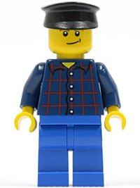 LEGO part Plaid Button Shirt, Blue Legs, Black Hat, Lopsided Smile with Dimple (Truck Driver) twn195