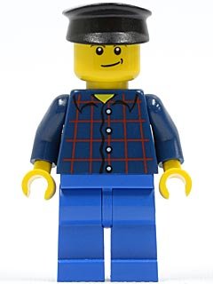 LEGO part Plaid Button Shirt, Blue Legs, Black Hat, Lopsided Smile with Dimple (Truck Driver) (twn195)