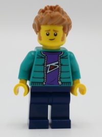 LEGO part Male with Purple Shirt, Dark Turquoise Jacket, Dark Blue Legs and Medium Nougat Hair twn390