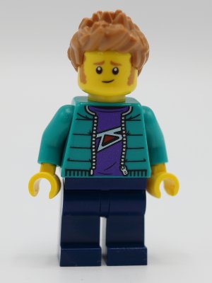 LEGO part Male with Purple Shirt, Dark Turquoise Jacket, Dark Blue Legs and Medium Nougat Hair (twn390)