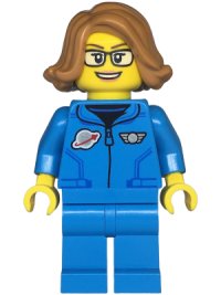 LEGO onderdeel Space Scientist - Female, Dark Azure Jumpsuit, Medium Nougat Hair, Glasses, Open Mouth Smile twn479