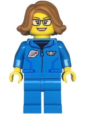 LEGO part Space Scientist - Female, Dark Azure Jumpsuit, Medium Nougat Hair, Glasses, Open Mouth Smile (twn479)