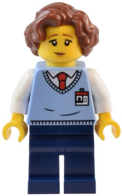 LEGO part Natural History Museum Employee - Female, Bright Light Blue Sweater Vest with ID Badge, Dark Blue Legs, Reddish Brown Hair (twn484)