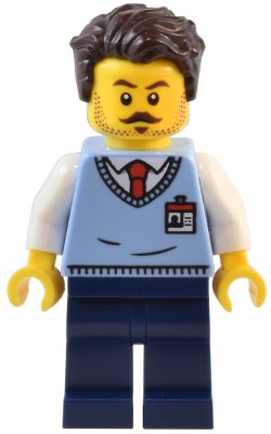 LEGO part Natural History Museum Employee - Male, Bright Light Blue Sweater Vest with ID Badge, Dark Blue Legs, Dark Brown Tousled Hair (twn485)