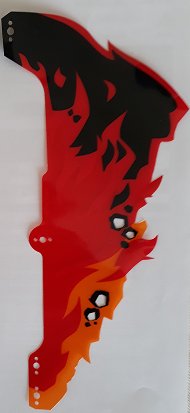 LEGO part Plastic Part for Set 70674 - Cobra Hood with Black, Red, Trans-Orange, and Trans-Red Flames, LEGO Copyright on Left Pattern 70674pls01c