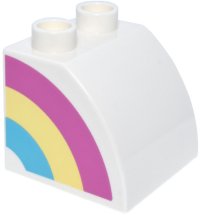 LEGO part Duplo, Brick 2 x 2 x 1 1/2 Slope Curved with Dark Pink, Bright Light Yellow, and Medium Azure Rainbow Half Pattern Model Left Side 11170pb10L