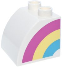 LEGO part Duplo, Steen 2 x 2 x 1 1/2 Schuin Courbe avec Motif Arc-en-ciel Demi Rose Foncé, Jaune Blanc Brillant et Bleu Moyen Côté Droit Modèle 11170pb10R