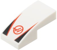 LEGO part Slope, Curved 2 x 1 x 2/3 with Haas Formula 1 Logo Stylized Capital Letter H in Circle, Red Stripes, Black Triangles Pattern 11477pb225