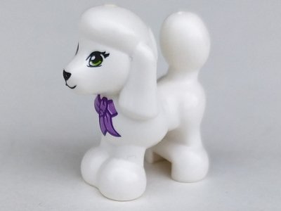 LEGO part Dog, Friends, Poodle with Lime Eyes, Black Nose and Mouth, and Dark Purple and Medium Lavender Bow Pattern (11575pb02)