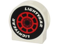 LEGO part Duplo, Mattone 1 x 2 x 2 Tondo Superiore, Lati Ritagliati con Ruota Rossa e Rosso Scuro, Pneumatico Nero, e Motivo 'LIGHTYEAR' 14222pb030
