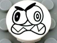 LEGO part Tile, Round 2 x 2 with Bottom Stud Holder with Black Large Eyes and Scowl with Sharp Teeth (Nixel Face) Pattern 14769pb006