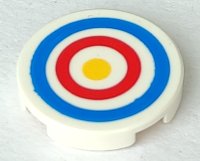 LEGO onderdeel Tegel, Rond 2 x 2 met Studs-Houder Onderkant met Blauw en Rood Cirkels en Geel Punt Boogschieten Doelwit Patroon 14769pb086