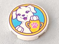 LEGO part Tile, Round 2 x 2 with Bottom Stud Holder with Puppy Dog, Yellow Trophy with Dark Pink Paw Print on Medium Azure Background Pattern 14769pb179