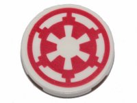 LEGO part Tile, Round 2 x 2 with Bottom Stud Holder with Red SW Imperial Logo Pattern 14769pb262