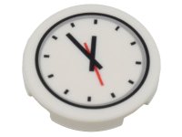 LEGO part Carreau, Rond 2 x 2 with Bottom Stud Holder with Clock and Red and Black Hands Pattern 14769pb356