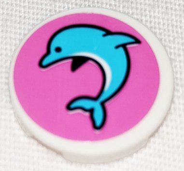 LEGO part Tile, Round 2 x 2 with Bottom Stud Holder with Medium Azure Jumping Dolphin on Dark Pink Background Pattern Model Left Side (Sticker) - Set 41347 (14769pb421L)