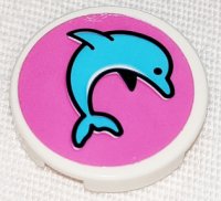 LEGO part Tile, Round 2 x 2 with Bottom Stud Holder with Medium Azure Jumping Dolphin on Dark Pink Background Pattern Model Right Side (Sticker) - Set 41347 14769pb421R