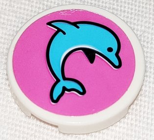 LEGO part Tile, Round 2 x 2 with Bottom Stud Holder with Medium Azure Jumping Dolphin on Dark Pink Background Pattern Model Right Side (Sticker) - Set 41347 (14769pb421R)