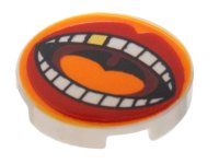 LEGO part Tile, Round 2 x 2 with Bottom Stud Holder with Large Mouth, Red Lips, Orange Tongue, White Teeth with Gold Tooth Pattern 14769pb498