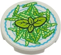 LEGO part Tile, Round 2 x 2 with Bottom Stud Holder with Leaves and Green Pasta Pattern 14769pb745