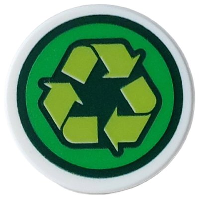 LEGO part Tile, Round 2 x 2 with Bottom Stud Holder with Dark Green, Green and Lime Recycle Logo Pattern (14769pb824)